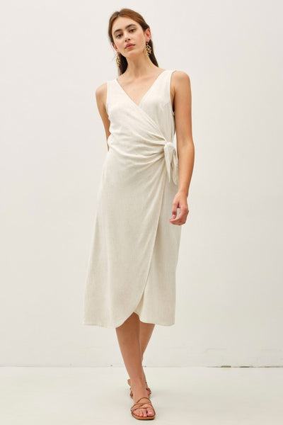 Linen Blend Mock-wrap Midi Dress W/ Tie Detail