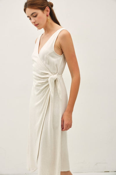 Linen Blend Mock-wrap Midi Dress W/ Tie Detail
