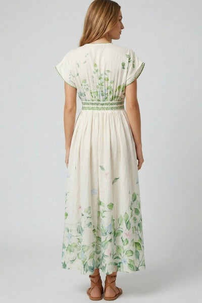 Floral Smocked V Neck Dress