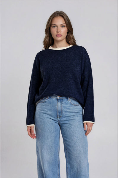 Contrast Rolled Edge Crewneck Sweater