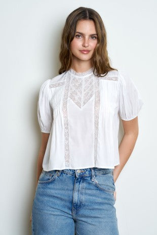 Lace Trim Pin Tuck Blouse