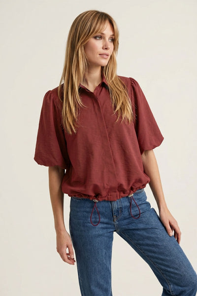 Drawstring Hem Bubble Sleeve Blouse