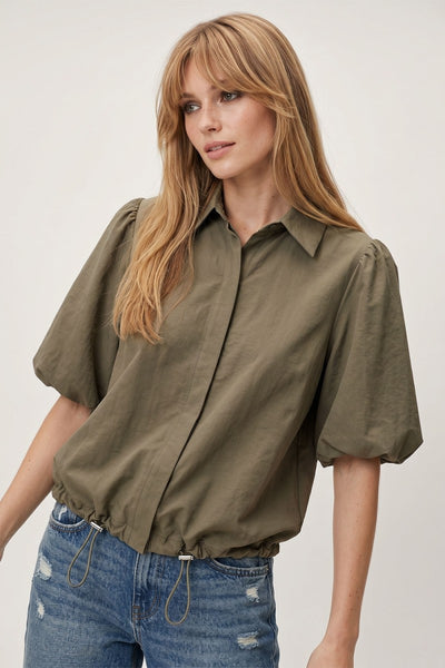 Drawstring Hem Bubble Sleeve Blouse