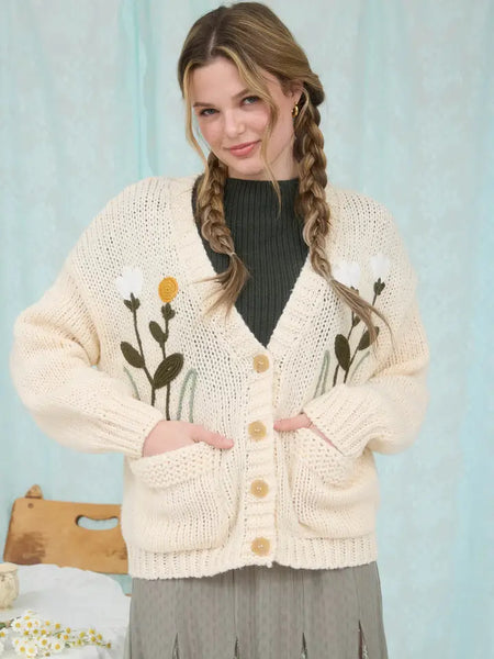 Floral Embroidery V Neck Cardigan