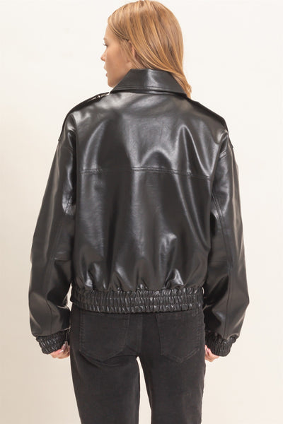 Faux Leather Collared Bomber Jacket