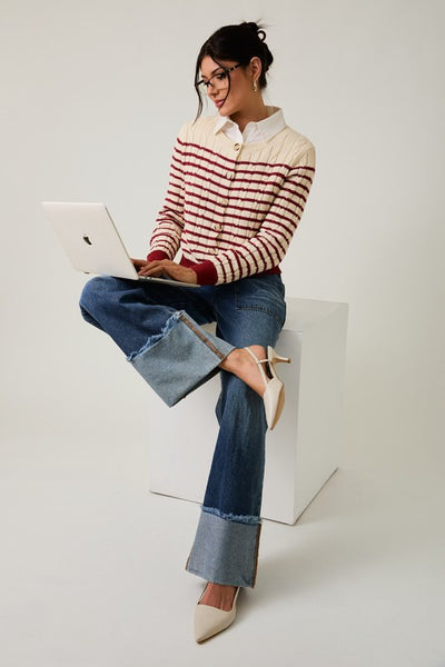 Stripe Cable Sweater Cardigan