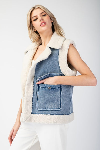 Stone Washed Denim Fur Vest