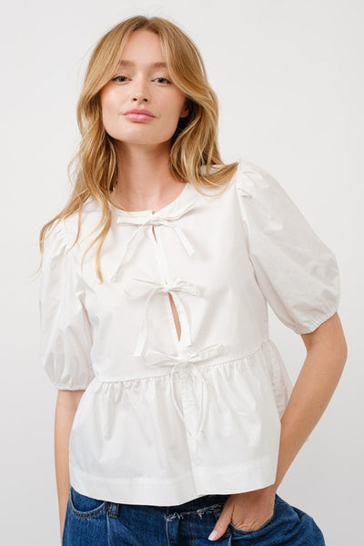 Poplin Front Bow Tie Peplum Blouse