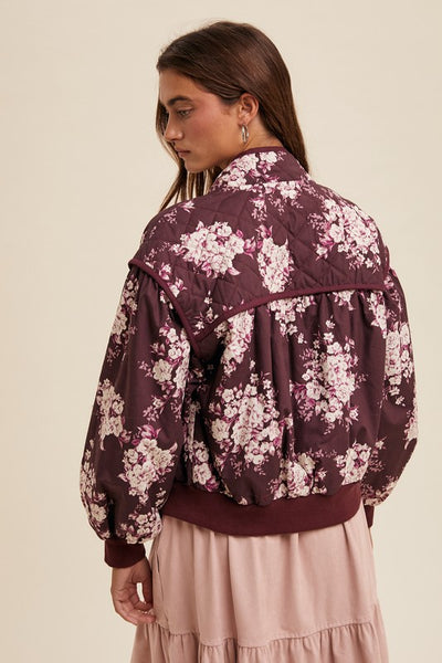 Quilted Floral Print Pleated Jacket