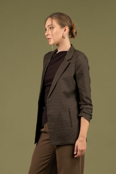 Plaid Ruched Sleeve Blazer