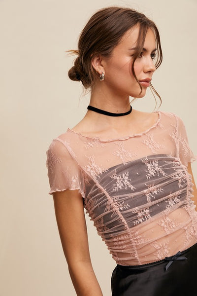 Floral Mesh Ruched Top