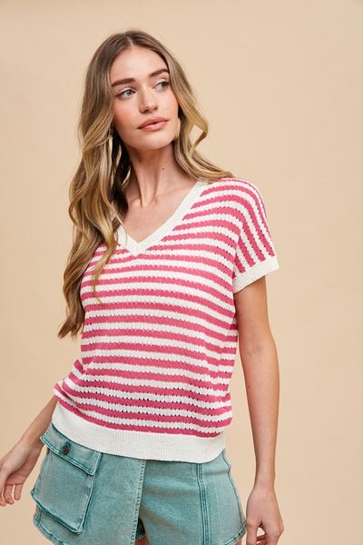 V Neck Striped Pointelle Sweater Top