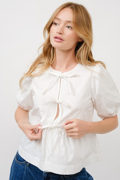 Poplin Front Bow Tie Peplum Blouse