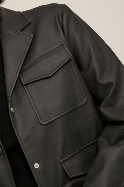 Faux Leather Collar Neck Pocket Jacket