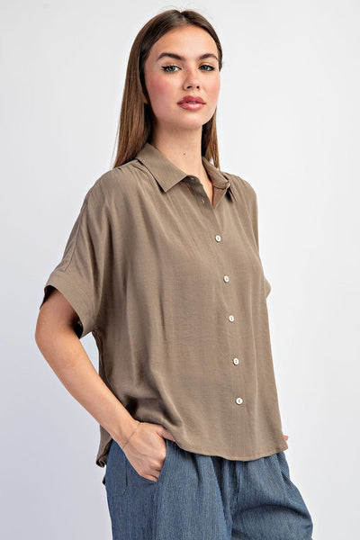 Solid Button Down Top With Short Sleeves