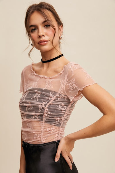 Floral Mesh Ruched Top