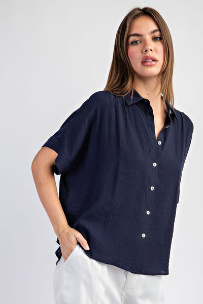 Solid Button Down Top With Short Sleeves