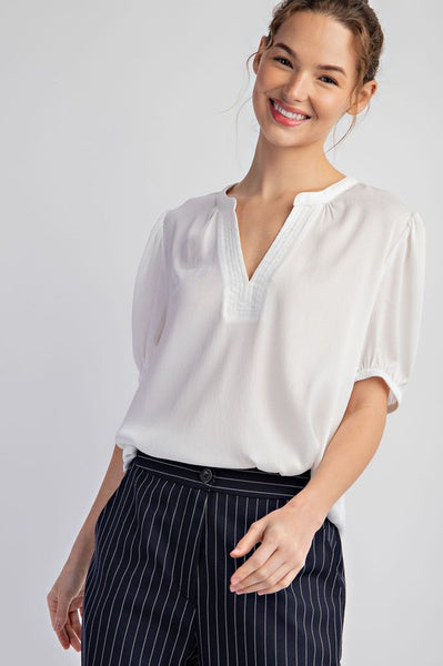 Notched Neck Short Sleeve Blouse Top