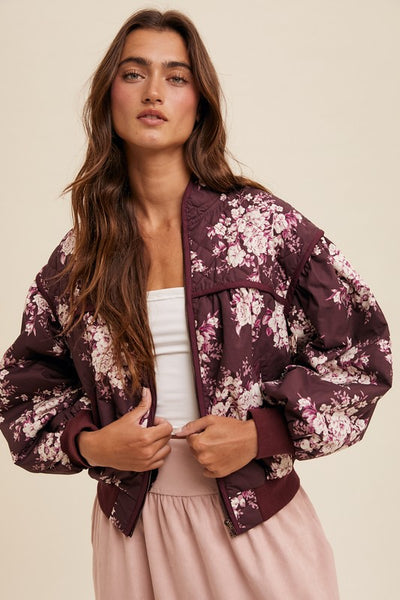 Quilted Floral Print Pleated Jacket