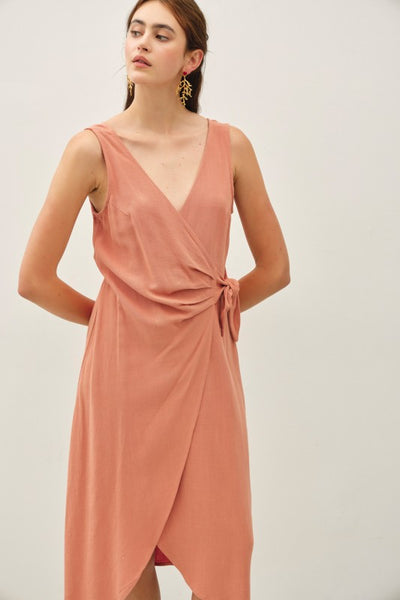 Linen Blend Mock-wrap Midi Dress W/ Tie Detail