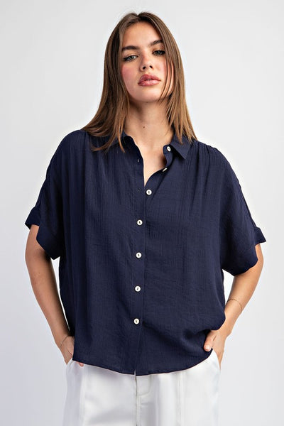 Solid Button Down Top With Short Sleeves