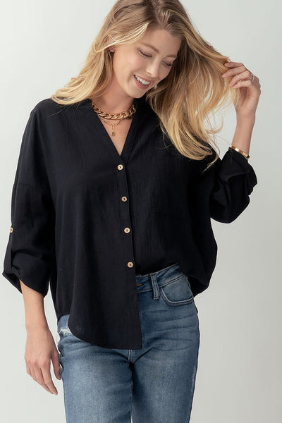 Cotton V Neck Button Up Shirt
