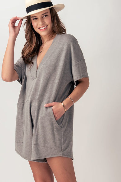 Slub Knit V Neck Romper w/Pockets