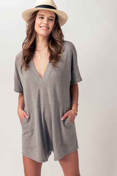 Slub Knit V Neck Romper w/Pockets