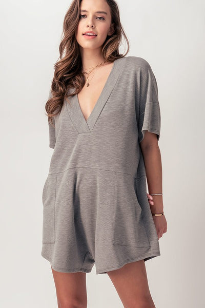 Slub Knit V Neck Romper w/Pockets