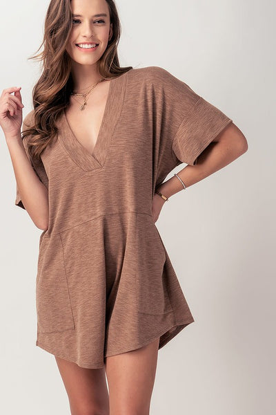 Slub Knit V Neck Romper w/Pockets