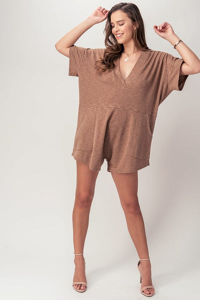 Slub Knit V Neck Romper w/Pockets