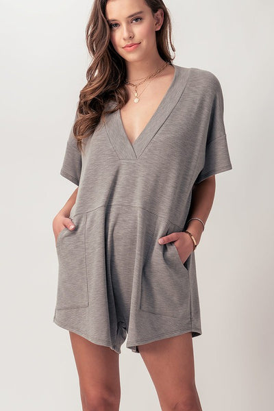 Slub Knit V Neck Romper w/Pockets