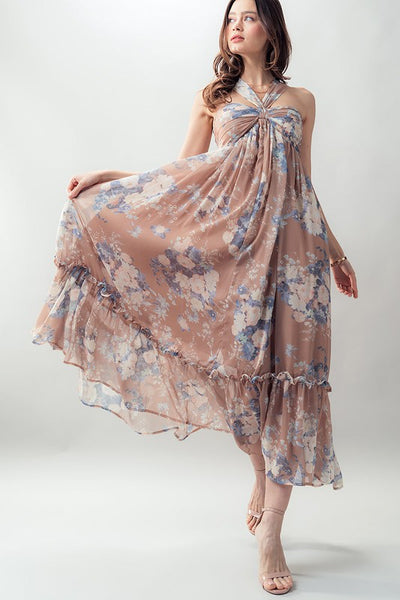 Floral Halter Ruffle Maxi Dress
