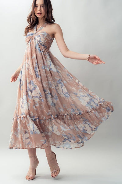 Floral Halter Ruffle Maxi Dress